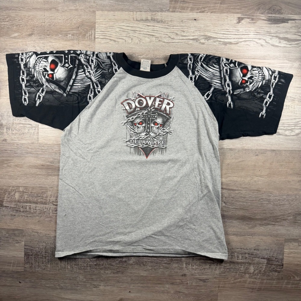Cal Cru Dover Delaware Bad to the Bone Skull Raglan Shirt Mens XL Grey Black USA